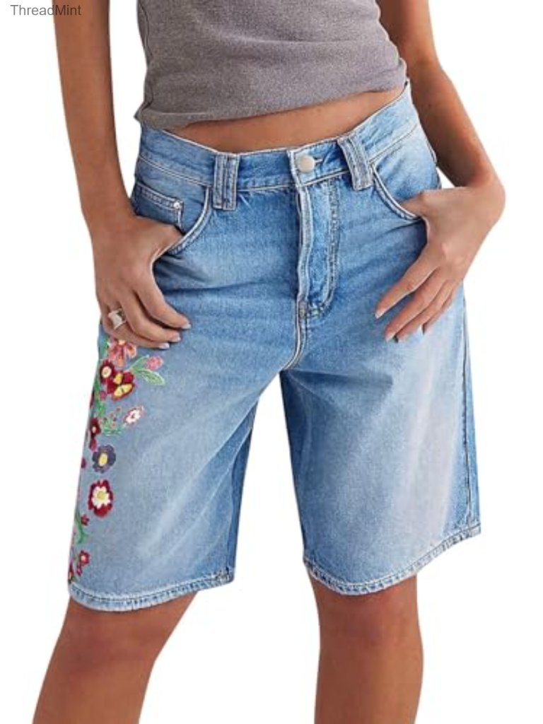Mid Rise Bermuda Shorts Floral Embroidery Washed Denim Loose Fit Summer Casual